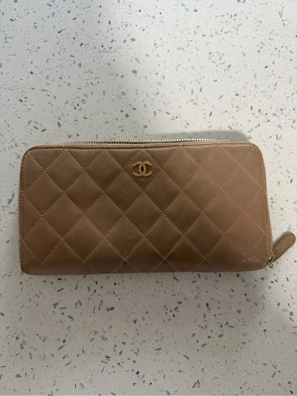 CHANEL Quilted Zip Wallet in Taupe Brown with Gold CC